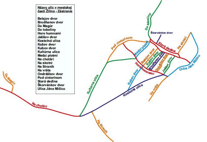 Mapa s ulicami v Zástraní
